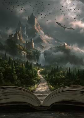 Fantasy Book Opens to Dragon Castle Landscape