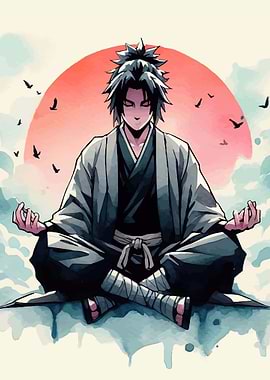 Anime character meditating at sunset