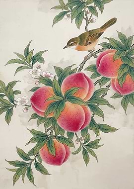Bird on a Peach Branch with Fruit