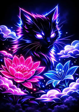 Neon Cat with Flowers