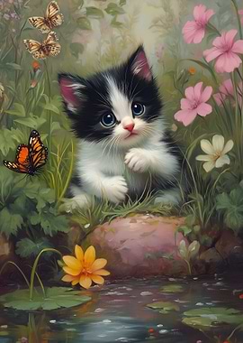 Cute Kitten in a Garden with Butterflies