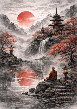 Monk Meditating by Waterfall