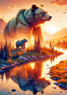 Giant Bear and Cub in Sunset Landscape