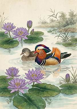 Mandarin Ducks and Water Lilies