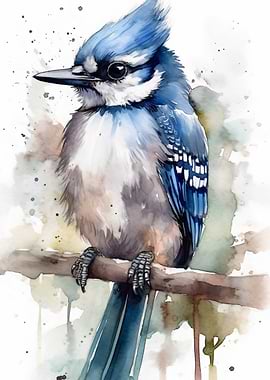 Watercolor Blue Jay on Branch