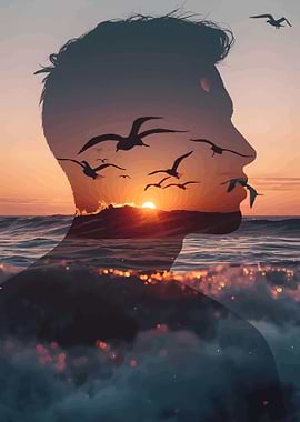 Double Exposure Silhouette of Man Sunset