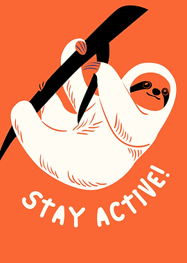 Sloth hanging on a branch with text