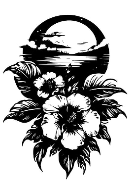 Hibiscus Flowers with Moonlit Landscape