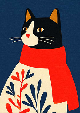 Stylized Cat with Scarf and Floral Design