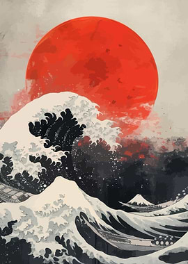 Great Wave with Red Sun and Mount Fuji