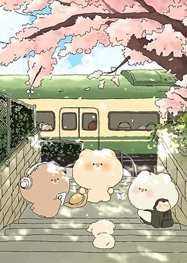 Cute bears under cherry blossoms by train