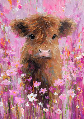 Cute Highland Cow in Pink Flowers