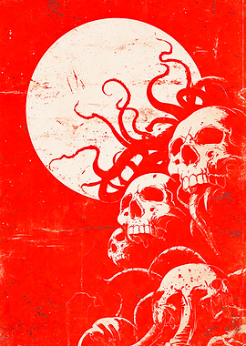 Macabre Tentacle Skulls Red Moon