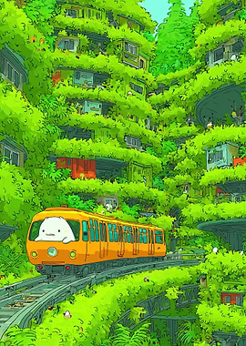 Cute character on a train in a lush forest