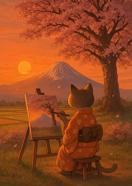 Cat painting Mount Fuji at sunset