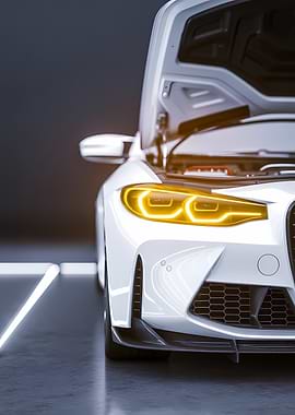 White Sports Car with Hood Open