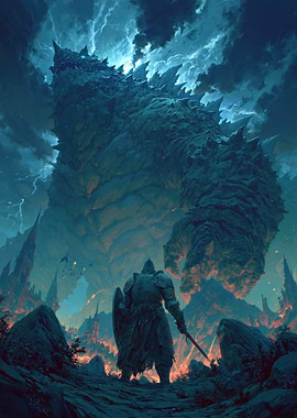 Knight Faces Colossal Dragon in Stormy Landscape