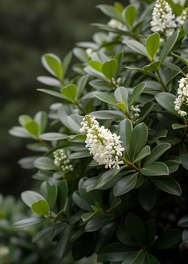 White Flowers on Green Bush