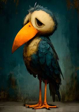 Sad Cartoon Bird with Big Orange Beak