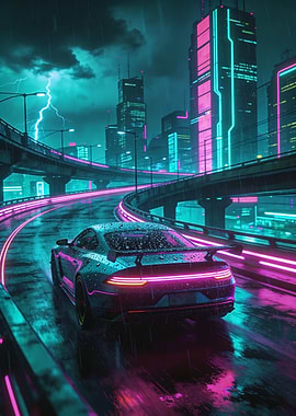 Cyberpunk Car on Rainy Highway
