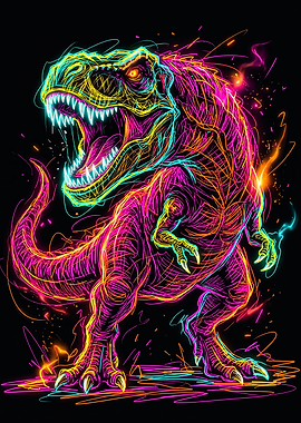 Standing Roaring Neon T-Rex Art
