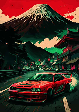 Red Sports Car Drifting with Mount Fuji
