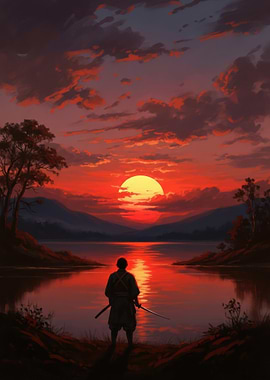 Samurai Watching a Sunset Over a Lake