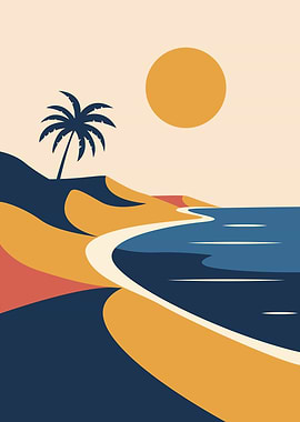 Minimalist Beach Scene with Palm Tree