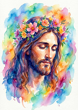 Jesus with Flower Crown Watercolor