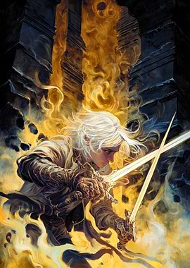 Fantasy warrior with glowing swords