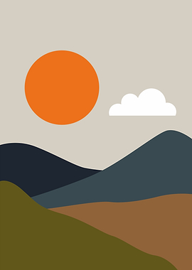 Minimalist Landscape with Sun and Cloud