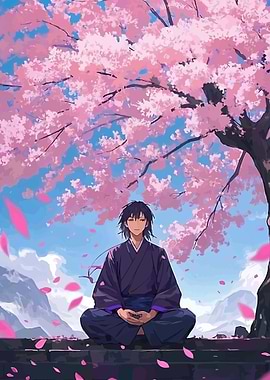 Man Meditating Under Cherry Blossoms