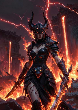 Fiery Warrior Woman with Swords