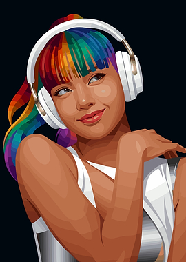 Lisa Blackpink with Rainbow Hair and Headphones