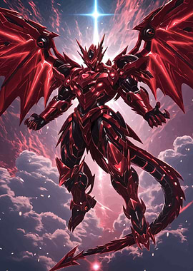 Red Dragon Mech in Cosmic Sky