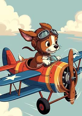 Cartoon Dog Pilot in Biplane
