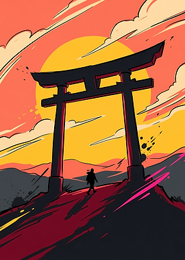 Serene Torii Gate Sunset Vector Illustration