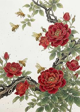 Bees and Red Roses Painting