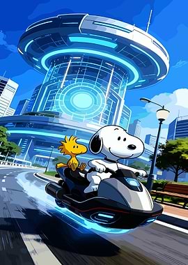Snoopy and Woodstock on a futuristic motorcycle