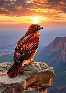Hawk perched on a rock at sunset