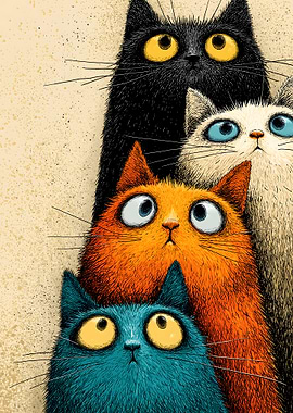 Four Cartoon Cats Looking Up