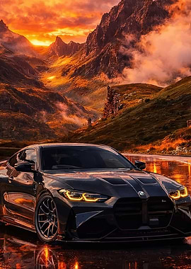 Dark BMW M4 in a Mountainous Sunset
