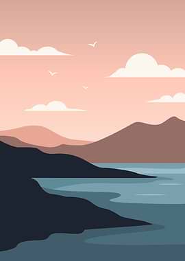 Minimalist Landscape with Mountains and Water