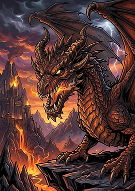 Dragon breathing fire on a castle