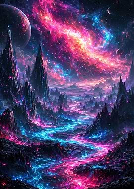 Cosmic Landscape with Nebula and Mountains