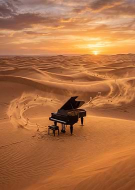 Piano in Desert with Music Notes