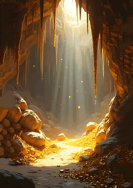 Golden Cave Entrance with Sunbeams