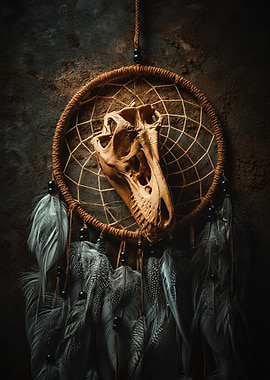 Dreamcatcher with Dinosaur Skull and Feathers