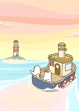 Cute boat with characters near lighthouse