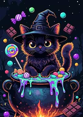 Cute Witch Cat with Halloween Candy